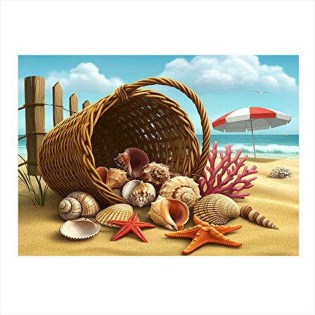 Plaj Ve Deniz Kabukları Modern Ahşap Tablo 35cm X50cm