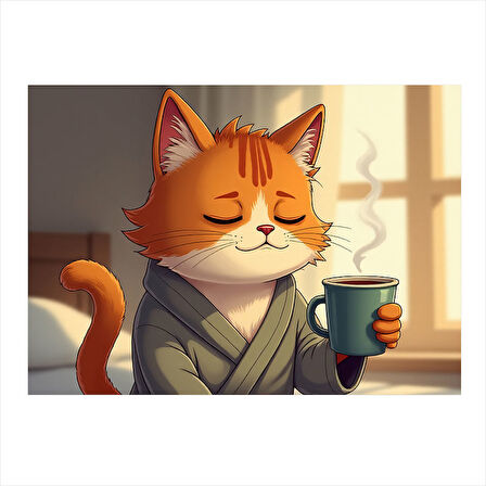 Kahve İçen Kedi Figürü Dekoratif Mdf Tablo 50cmX 70cm