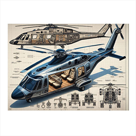 Helikopter Teknik Çizimi Dekoratif ahşap Tablo 35cm X50cm