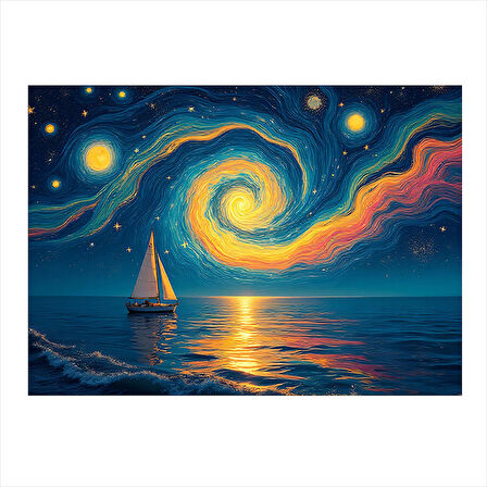 Kozmik Manzara Ve Yelkenli Modern Ahşap Tablo 25cmX 35cm