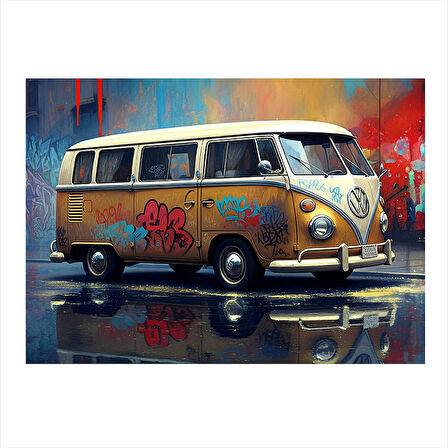 Çiçek Desenli Retro Minibüs Model Ahşap Tablo 25cmX 35cm