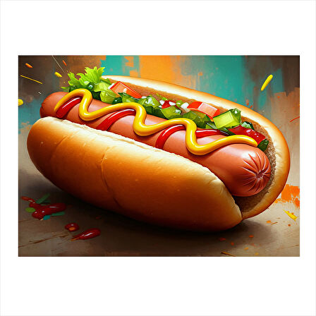 Sosisli Sandviç İllüstrasyonu Hediyelik Ahşap Tablo 25cmX 35cm