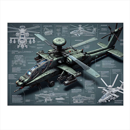 Teknik Askeri Helikopter Çizimi Hediyelik Mdf Tablo 35cm X50cm