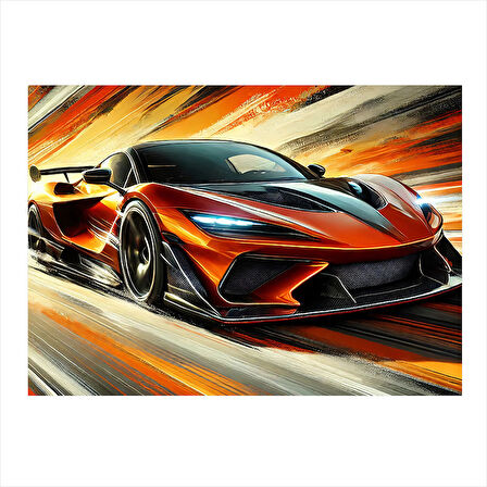 Turuncu Spor Araba Çizimi Desenli Ahşap Tablo 25cmX 35cm