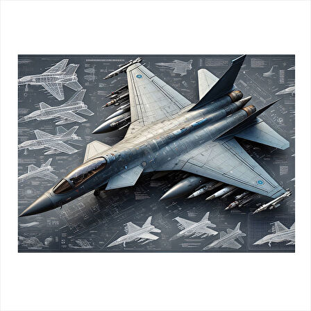 Askeri Hava Filosu Uçak Çizimi Modern Ahşap Tablo 50cmX 70cm