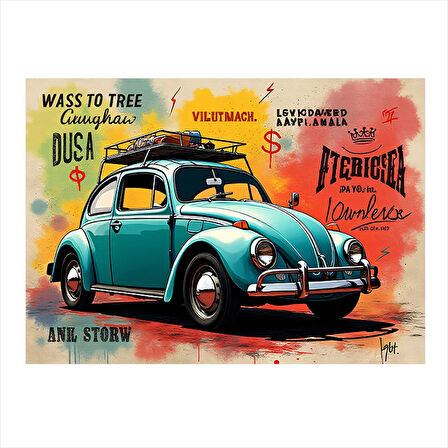 Mavi Retro Vosvos Araba Tasarım Ahşap Tablo 25cmX 35cm