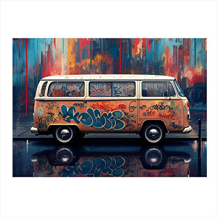 Renkli Retro Minibüs Tasarım Ahşap Tablo 25cmX 35cm