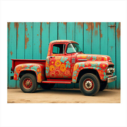 Çiçek Desenli Kırmızı Kamyonet Mdf poster 25cmX 35cm