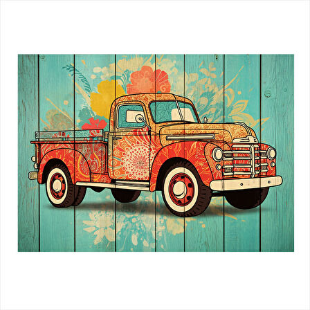 Nostaljik Kırmızı Kamyonet Dekoratif Mdf Tablo 35cm X50cm
