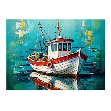 Renkli Balıkçı Teknesi Desenli Ahşap Tablo 25cmX 35cm