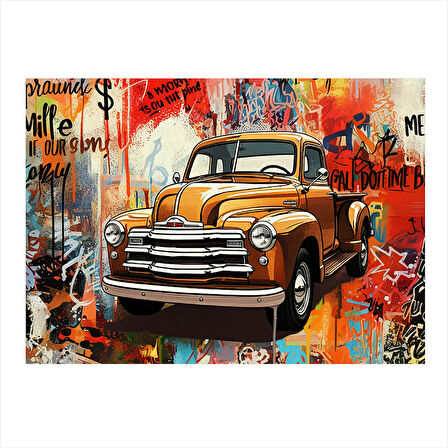 Grafitili Nostaljik Araba Model Ahşap Tablo 50cmX 70cm