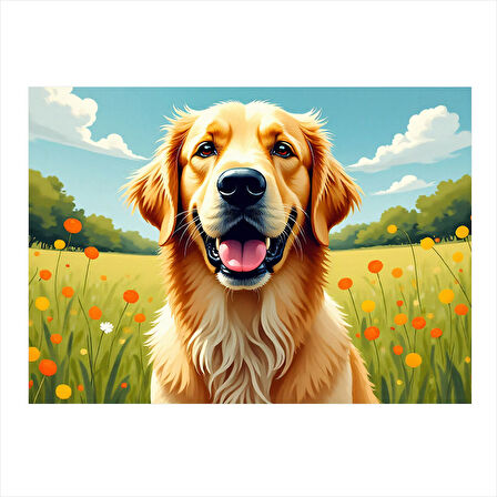 Çayırda Mutlu Golden Köpek Mdf poster 50cmX 70cm