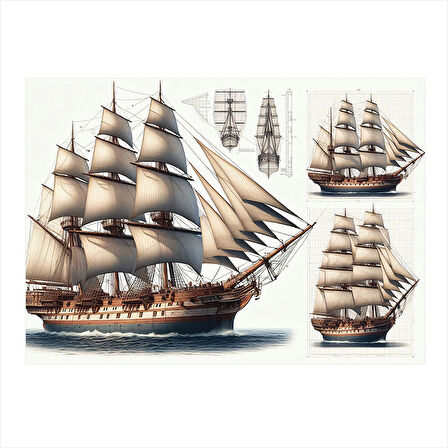 Ahşap Yelkenli Gemiler Desenli Ahşap Tablo 35cm X50cm