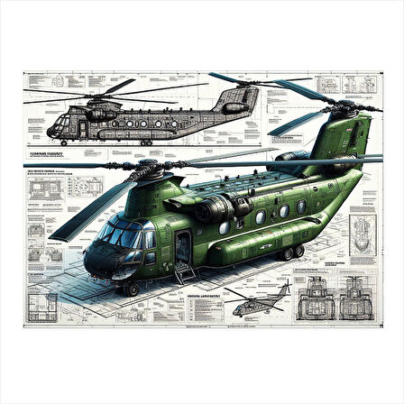 Teknik Çift Pervaneli Helikopter Çizimi Tasarım Mdf Tablo 35cm X50cm
