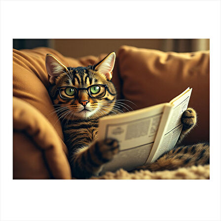 Gazete Okuyan Kedi Figürü Hediyelik Mdf Tablo 35cm X50cm