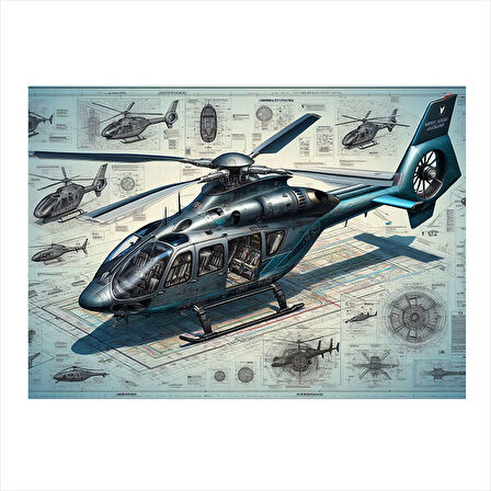 Teknik Helikopter Çizimi Model Ahşap Tablo 25cmX 35cm