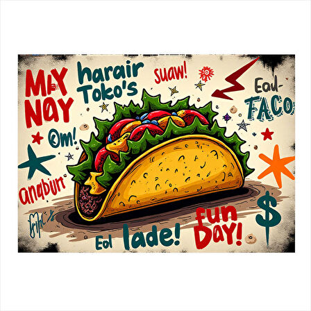 Çizgi Roman Tarzı Taco İllüstrasyonu Desenli Ahşap Tablo 35cm X50cm