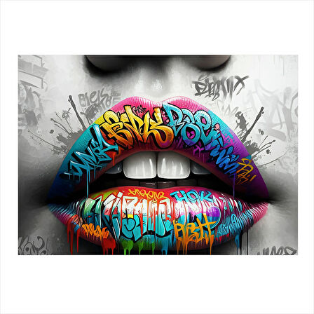 Renkli Grafitili Dudak İllüstrasyonu Mdf poster 35cm X50cm