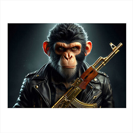 Silahlı Maymun Figürü Dekoratif ahşap Tablo 25cmX 35cm