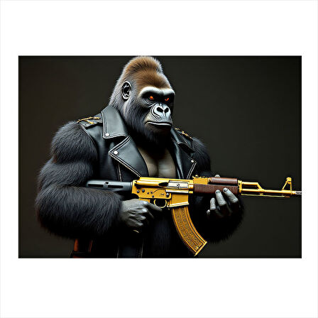 Silahlı Goril Figürü Modern Ahşap Tablo 25cmX 35cm