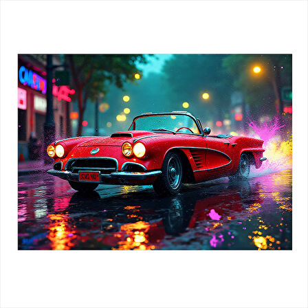 Kırmızı Klasik Spor Araba Gece Dekoratif Mdf Tablo 25cmX 35cm