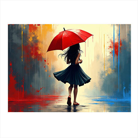 Kırmızı Şemsiyeli Kadın Figürü Tasarım Ahşap Tablo 25cmX 35cm
