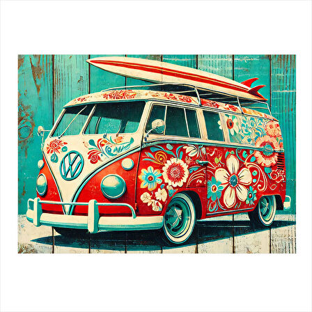 Renkli Çiçekli Retro Minibüs Desenli Ahşap Tablo 25cmX 35cm