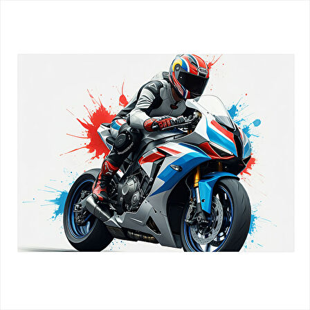 Mavi Yarış Motosikleti Aksiyonu Model Ahşap Tablo 25cmX 35cm