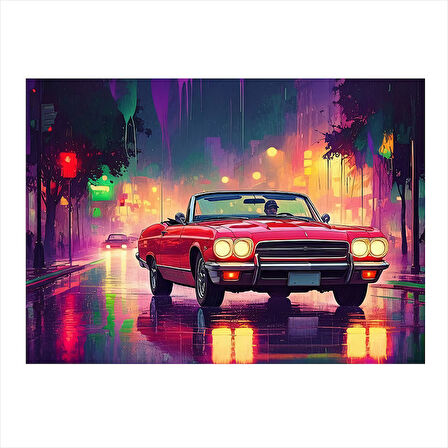 Neon Işıklı Retro Araba Art Mdf Poster 35cm X50cm