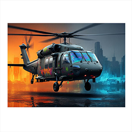 Gece Şehirde Helikopter Tasarım Mdf Tablo 25cmX 35cm