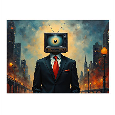 Televizyon Kafalı İş Adamı Modern Ahşap Tablo 25cmX 35cm