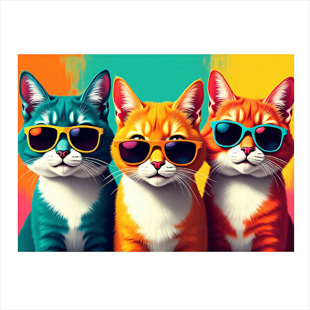 Renkli Güneş Gözlüklü Kediler Tasarım Ahşap Tablo 25cmX 35cm