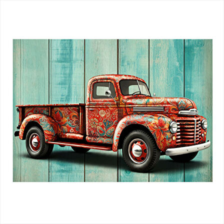 Nostaljik Kırmızı Kamyonet Model Ahşap Tablo 25cmX 35cm