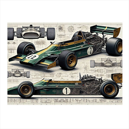 Teknik Yarış Arabası Çizimi Hediyelik Ahşap Tablo 25cmX 35cm