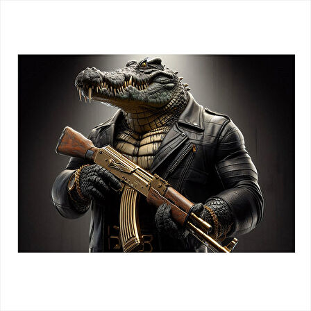 Silahlı Timsah Figürü Tasarım Ahşap Tablo 25cmX 35cm