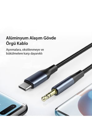 Type-C to 3.5mm Aux Ses Kablosu Hi-Fi Ses Kalitesi Kırılmaz Hasır Örgü Alüminyum Gövde 1 Metre