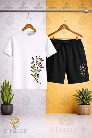 Çocuk Unisex ÇOKLU KELEBEK ŞÖLENİ Baskılı Bisiklet Yaka Tişört - Şort Takım