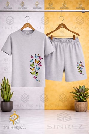 Çocuk Unisex ÇOKLU KELEBEK ŞÖLENİ Baskılı Bisiklet Yaka Tişört - Şort Takım