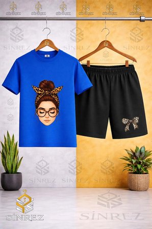Çocuk Unisex KIZ KURDALE TAM YUZ Baskılı Bisiklet Yaka Tişört - Şort Takım