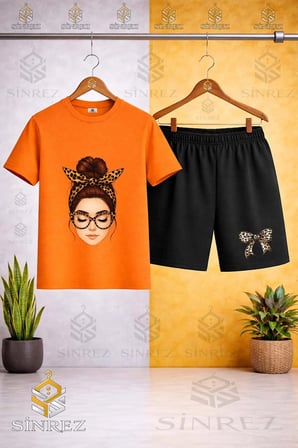 Çocuk Unisex KIZ KURDALE TAM YUZ Baskılı Bisiklet Yaka Tişört - Şort Takım