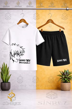 Çocuk Unisex SUNNY BOY SIYAH Baskılı Bisiklet Yaka Tişört - Şort Takım