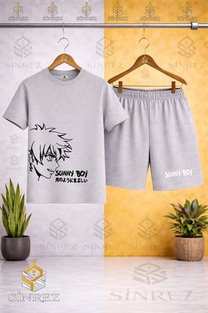 Çocuk Unisex SUNNY BOY SIYAH Baskılı Bisiklet Yaka Tişört - Şort Takım
