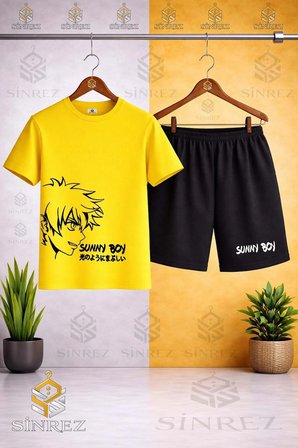 Çocuk Unisex SUNNY BOY SIYAH Baskılı Bisiklet Yaka Tişört - Şort Takım