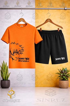 Çocuk Unisex SUNNY BOY SIYAH Baskılı Bisiklet Yaka Tişört - Şort Takım