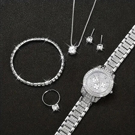 Elegant Saat ile Kolye+Küpe+Yüzük+Bileklik 6 parça Takı Seti