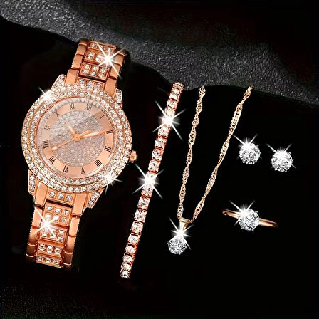 Saat ile Kolye+Küpe+Yüzük+Bileklik 6 parça Takı Seti