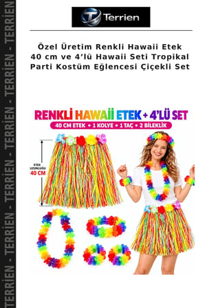 Özel Üretim Renkli Hawaii Etek 40 cm ve 4’lü Hawaii Seti Tropikal Parti Kostüm Eğlencesi Çiçekli Set
