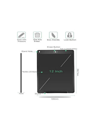 12 Inc Renkli Lcd Grafik Dijital Kalemli Çizim Tableti Yazı Tahta Not Yazma Eğitim Tableti Kırmızı