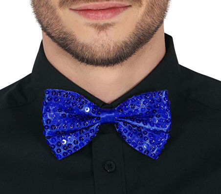 Gece Işıltısı Mavi Payetli Pullu Papyon 7x2 Cm