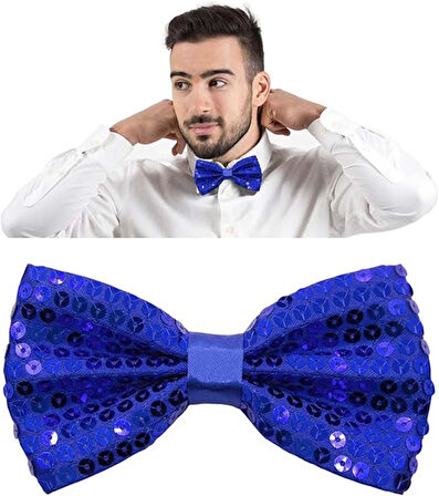Gece Işıltısı Mavi Payetli Pullu Papyon 7x2 Cm